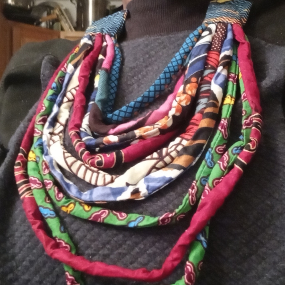 African Fabric 9 strand multi color tie necklace